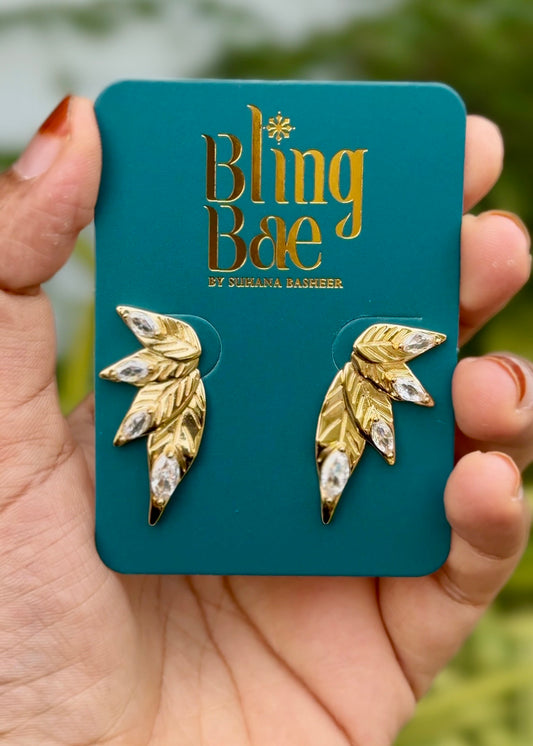 Golden Crystal Leaf Earrings