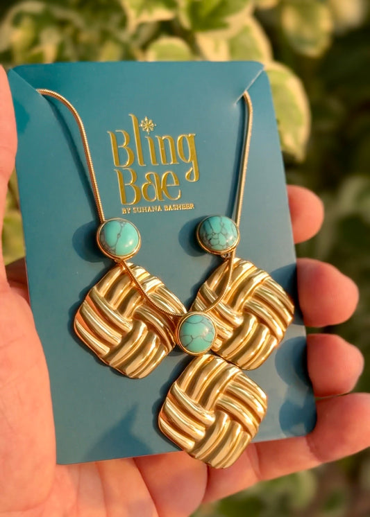 Turquoise Royale Weave Necklace And Earrings Set