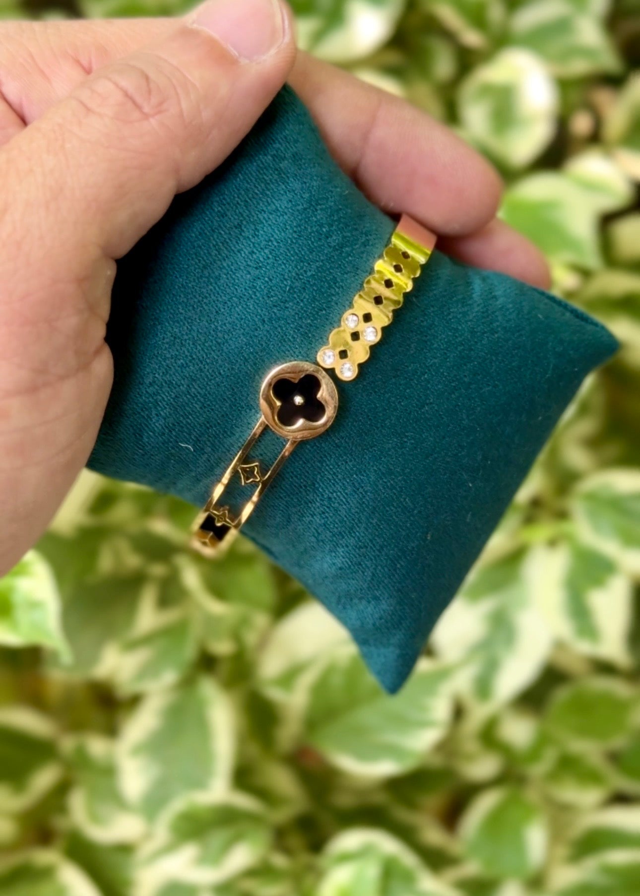 Midnight Clover Crystal Cuff Bangle 🍀✨