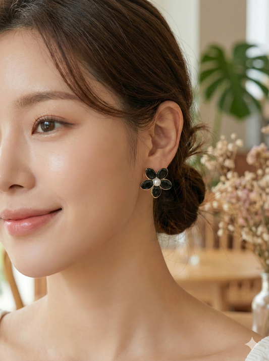 Onyx Petal Pearl Earrings