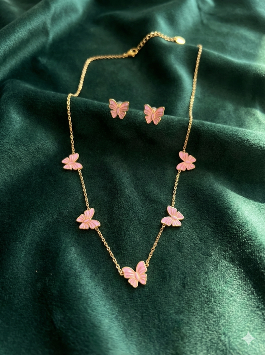 Pink & Gold Butterfly Necklace & Earrings Set