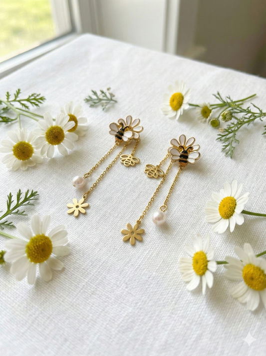 Gold Bee and Daisy Enamel Drop Earrings