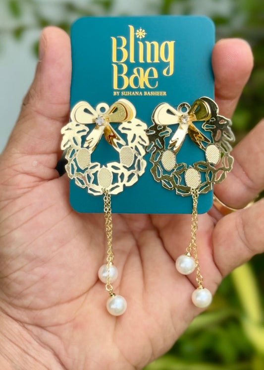 Golden Pearl Wreath Drop Earring