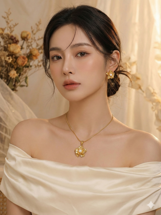 Golden Petal Pearl Necklace & Earrings Set
