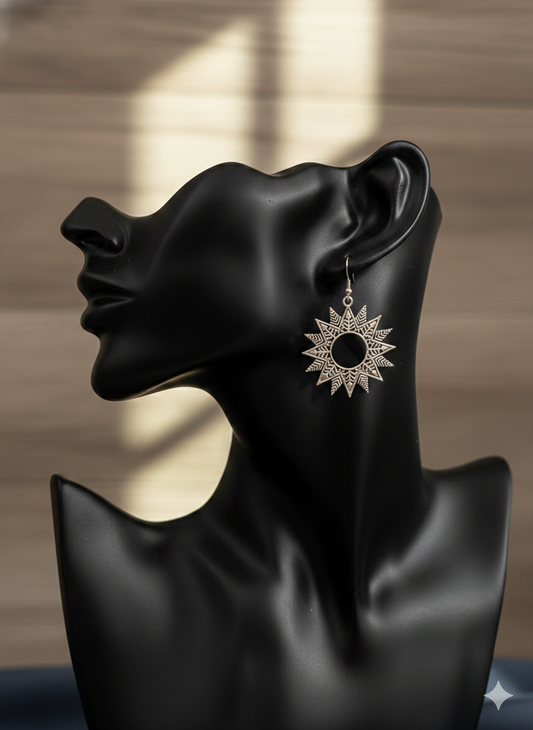 Silver Sunburst Mandala Drops Earrings